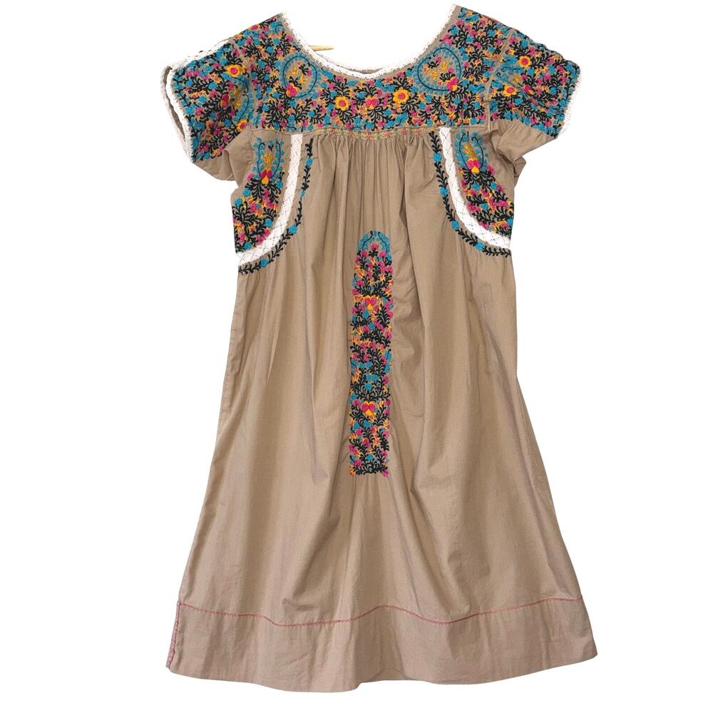 Vintage Oaxacan Hand-Embroidered Mexican Dress Tan Bohemian Folk Art Tunic Med